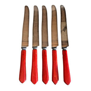 Vintage Red BAKELITE Handle Dinner Knives Set (5) Kitchen Stainless Steel Blades
